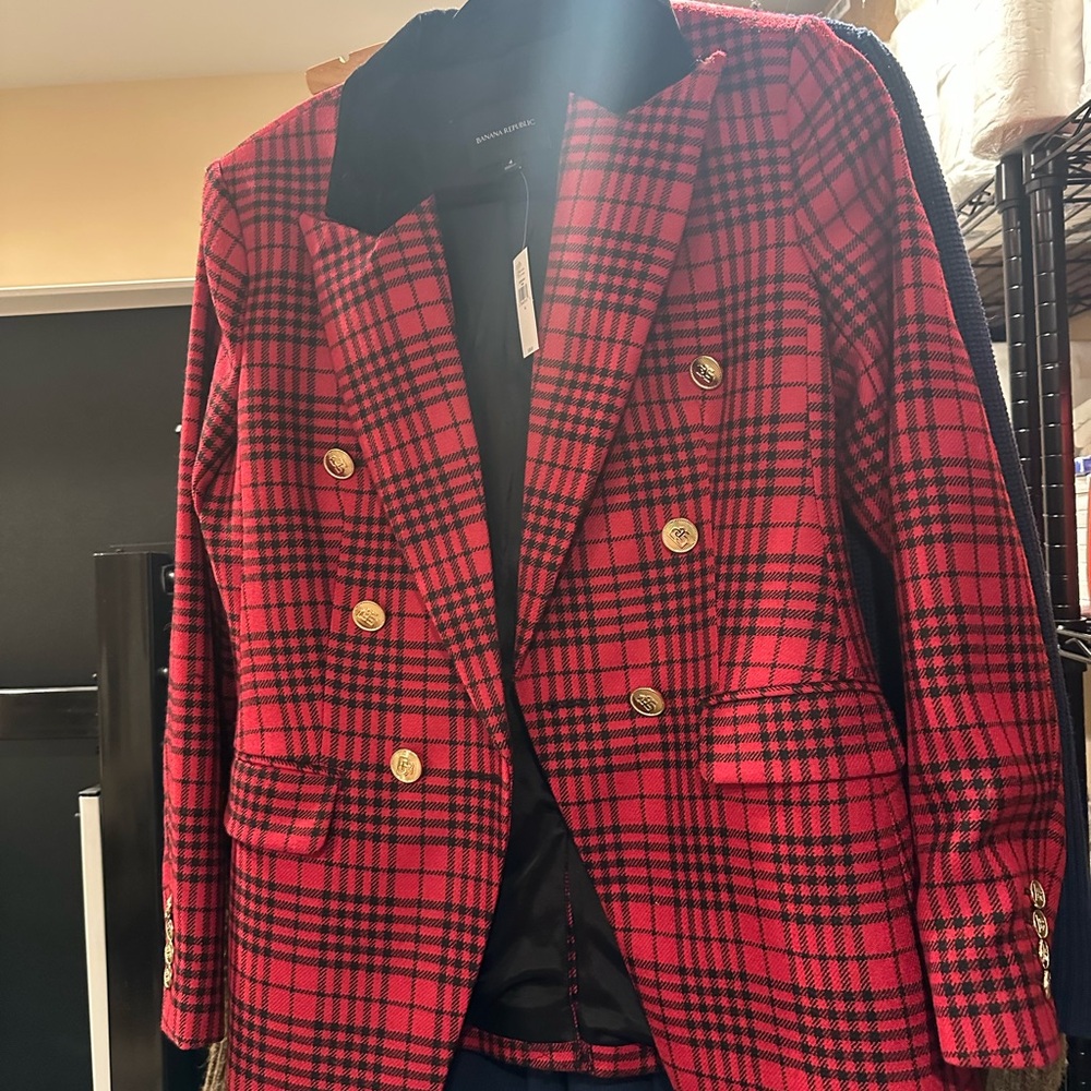 Banana Republic Red and Black Plaid Blazer